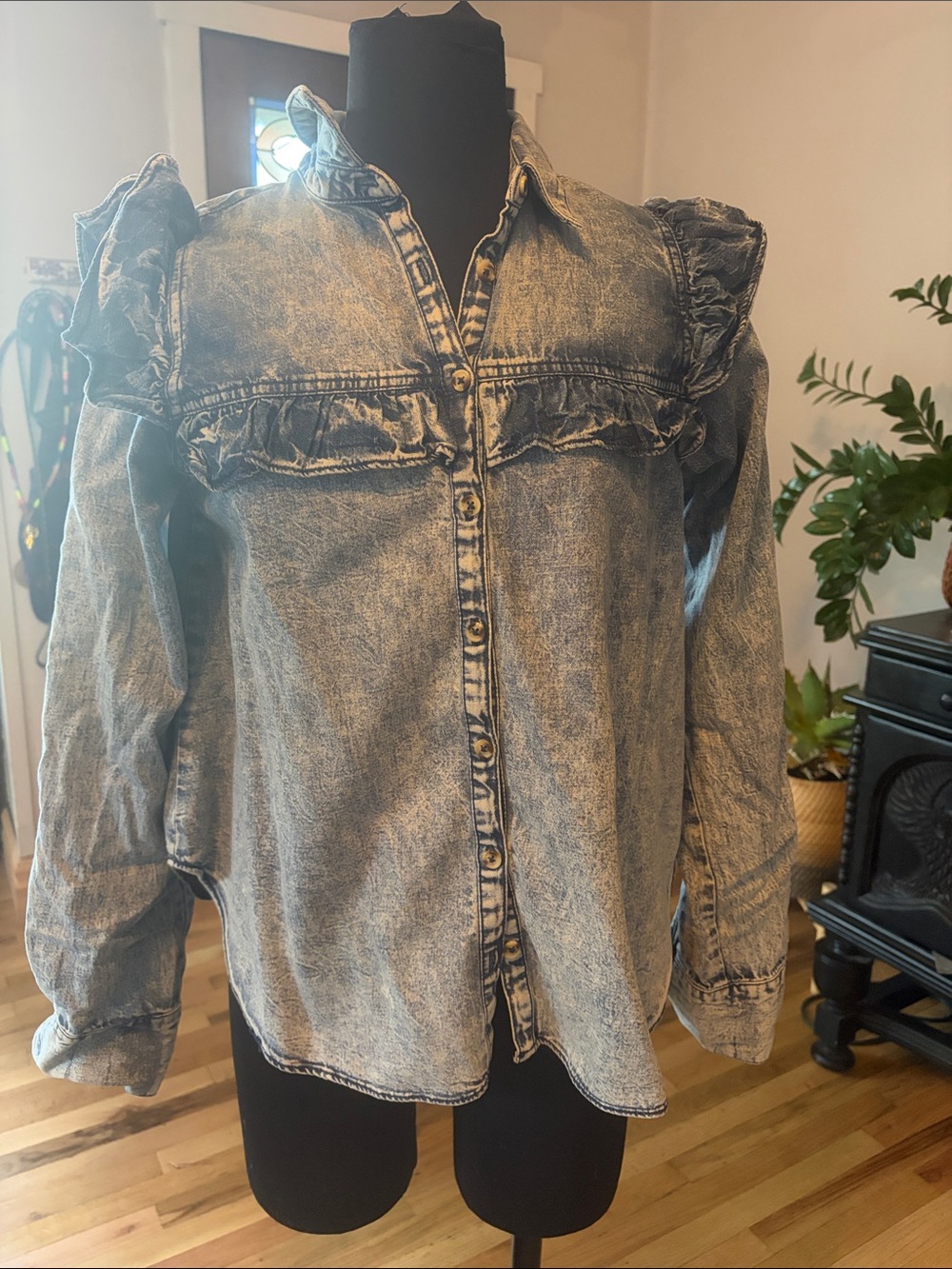 Free People Denim Ruffle-Trim Button-Up Shirt - Acid Wash Blue